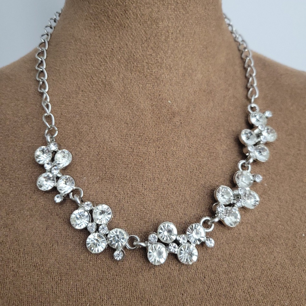 Silver Tone Clear Rhinestone Cluster Statement Necklace 18 Inch Glam